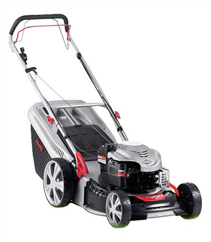 470BR Premium : New for 2010, the AL-KO Premium range offers high specification, feature packed machines with powerful engines. The 470BR Premium is a 46cm self propelled rotary mower.  : Engine  Briggs&Stratton Series 625  
Power  190cc /2.3kw  
Start Method  Recoil  
Fuel Tank Capacity  1.0 L  
Self Drive  Yes  
Cutter Deck  ULTRAMOW Steel 4 in 1  
Cutting Height  30-80mm  
Cutting Height Adjust  Central, 7 Stage  
Mulch Ready  Included  
Collector Volume  70 L  
Handles  2 Point, Foldable  
Wheels (front/rear/width)  XXL 200/280 /55 + ball bearings  
Warranty  2 year homeowner  
Weight  37kg  
Lawn Size  1400m (sq) 